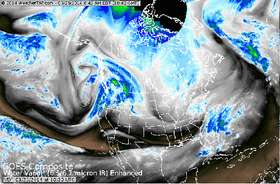 The two areas of spin west of British Columbia will move toward the southeast and will blanket Colorado in snow later this week. Source: Weathertap.com