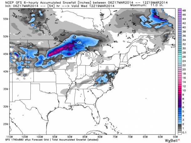 Model snowfall forecast through Wednesday morning | Credit: WeatherBell